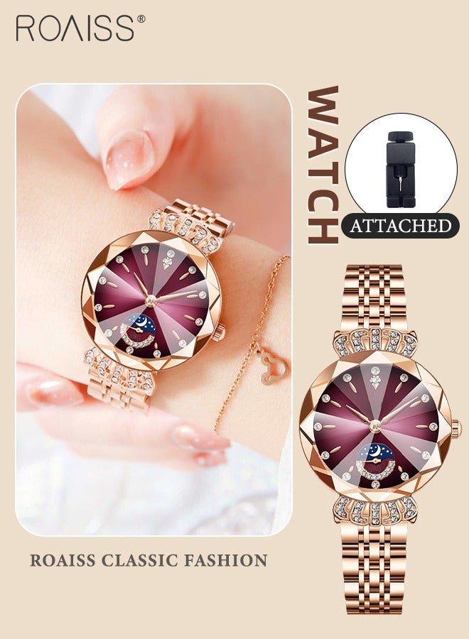 roaiss Women's Steel Band Quartz Watch, Analog Display Round Dial with Diamond Decoration with Moon Phase Display, Waterproof Elegant Wristwatch as Gift for Ladies - Image 1