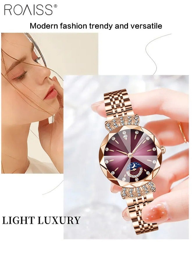 roaiss Women's Steel Band Quartz Watch, Analog Display Round Dial with Diamond Decoration with Moon Phase Display, Waterproof Elegant Wristwatch as Gift for Ladies - Image 3