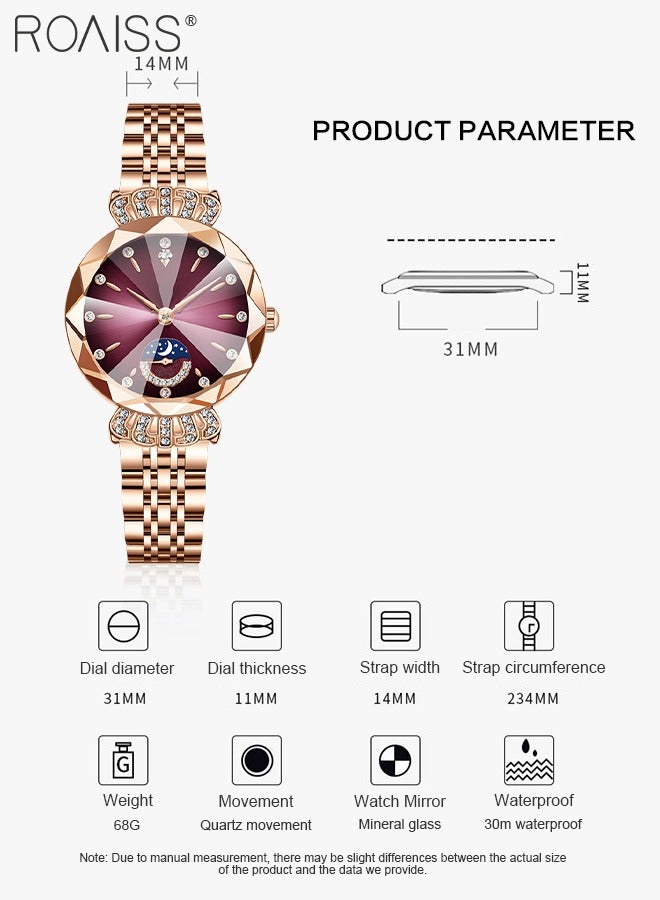 roaiss Women's Steel Band Quartz Watch, Analog Display Round Dial with Diamond Decoration with Moon Phase Display, Waterproof Elegant Wristwatch as Gift for Ladies - Image 4