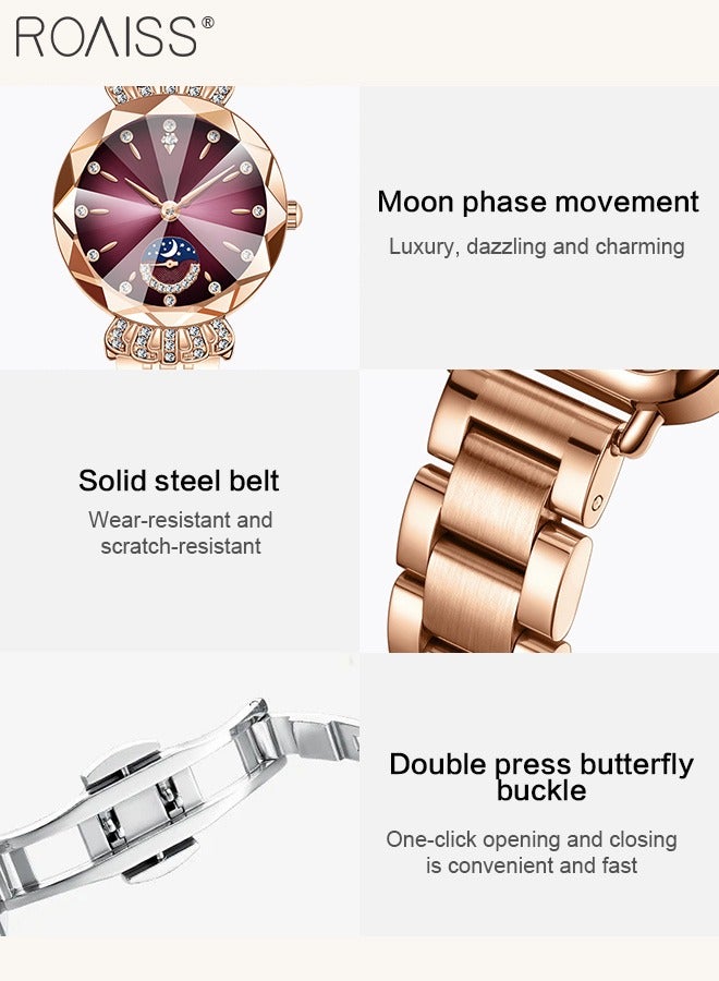 roaiss Women's Steel Band Quartz Watch, Analog Display Round Dial with Diamond Decoration with Moon Phase Display, Waterproof Elegant Wristwatch as Gift for Ladies - Image 5