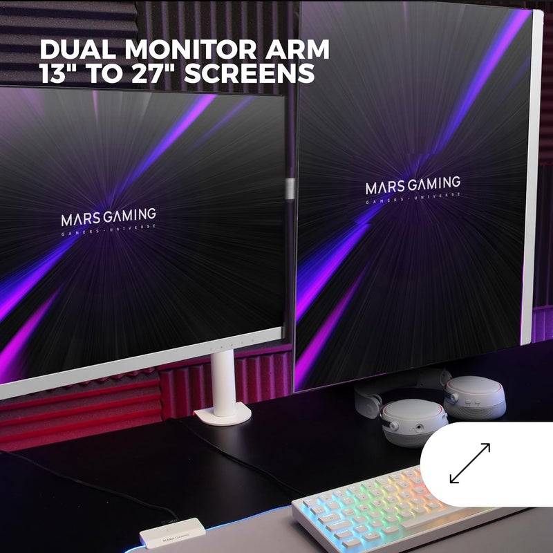 MARS GAMING Surface safe MARM2 White, Dual Arm Monitor Mount for Screens up to 27", Articulating and Height Adjustable, Sturdy Frame, VESA75 and VESA100 Compatible Safe material - Image 2