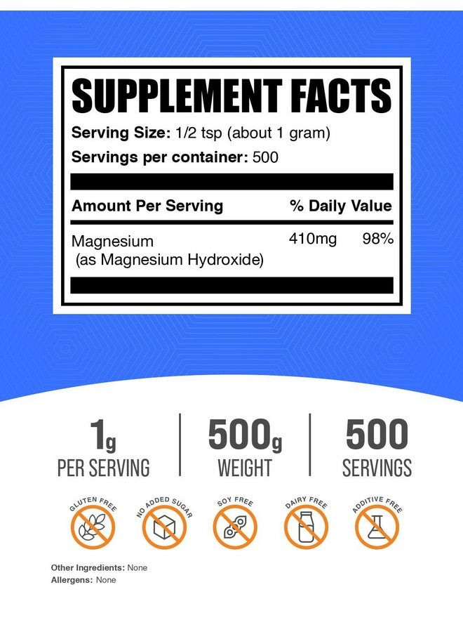 بالك سابلمنتس مسحوق هيدروكسيد المغنيسيوم من BulkSupplements.com - مكمل غذائي غني بهيدروكسيد المغنيسيوم، هيدروكسيد المغنيسيوم الصالح للأكل، مكمل غذائي غني بهيدروكسيد المغنيسيوم - ١٠٠٠ ملغ (٤١٠ ملغ من المغنيسيوم) لكل حصة، ٥٠٠ غرام (١٫١ رطل) - Image 2