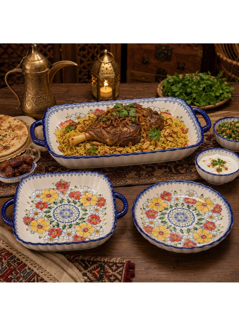 طقم عشاء من ١٤ قطعة، طقم هدايا، أدوات مائدة سيراميك كلاسيكية أنيقة، آمنة للاستخدام في غسالة الصحون والميكروويف، زهرة صفراء حمراء - Image 3