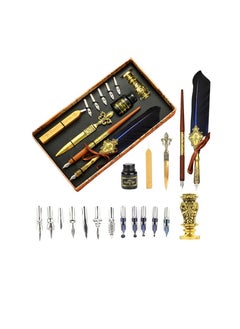 Joyeee Feather Calligraphy Pen and Ink Set, with Wax Seal Stamp Kit, Sealing Wax Spoon, Writing Paper, Dip Pen Wood, Craft Decoration Pen, Feather Pen Holder Stand, Gift Box for Writing, Royal Blue  - Image 1