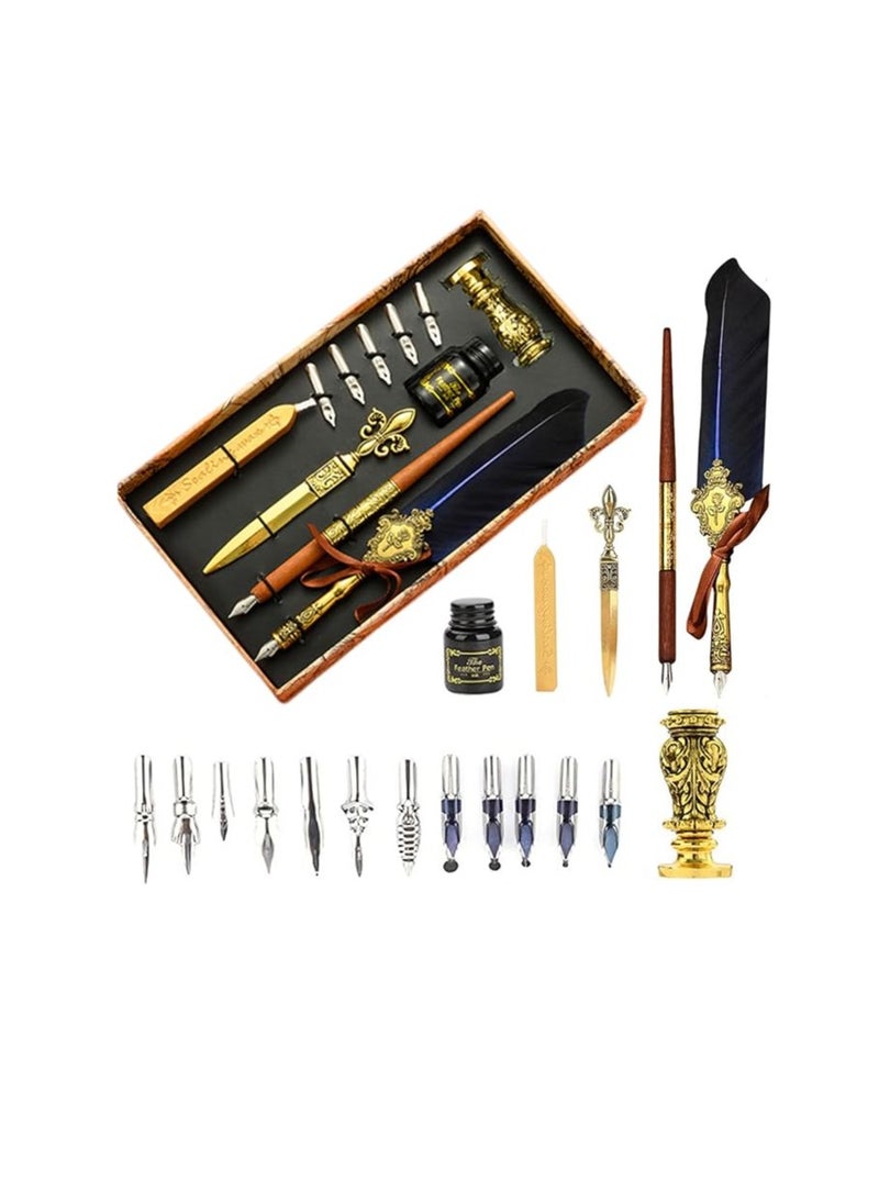 Joyeee Feather Calligraphy Pen and Ink Set, with Wax Seal Stamp Kit, Sealing Wax Spoon, Writing Paper, Dip Pen Wood, Craft Decoration Pen, Feather Pen Holder Stand, Gift Box for Writing, Royal Blue  - Image 1