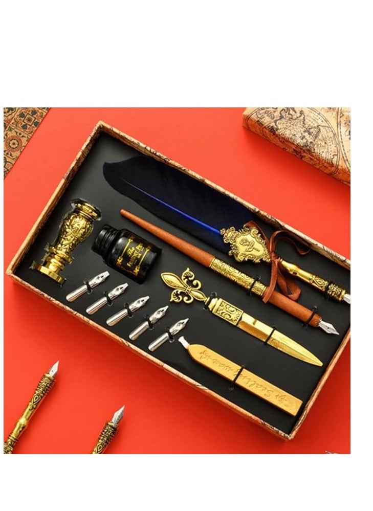 Joyeee Feather Calligraphy Pen and Ink Set, with Wax Seal Stamp Kit, Sealing Wax Spoon, Writing Paper, Dip Pen Wood, Craft Decoration Pen, Feather Pen Holder Stand, Gift Box for Writing, Royal Blue  - Image 2
