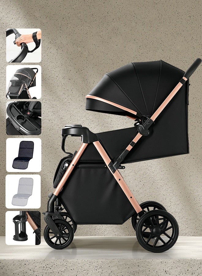 الأورلار عربة أطفال هاي فيو بدفع اتجاهين، محمولة وخفيفة الوزن، طي بزر واحد، عجلات ٣٦٠ درجة ممتصة للصدمات، مظلة UPF 50+، وضعيات جلوس متعددة، مناسبة لمقصورة الطائرة، من حديثي الولادة حتى ٦ سنوات، أسود - Image 3
