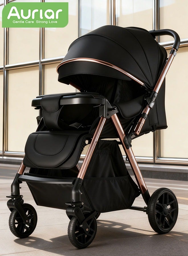 الأورلار عربة أطفال هاي فيو بدفع اتجاهين، محمولة وخفيفة الوزن، طي بزر واحد، عجلات ٣٦٠ درجة ممتصة للصدمات، مظلة UPF 50+، وضعيات جلوس متعددة، مناسبة لمقصورة الطائرة، من حديثي الولادة حتى ٦ سنوات، أسود - Image 1