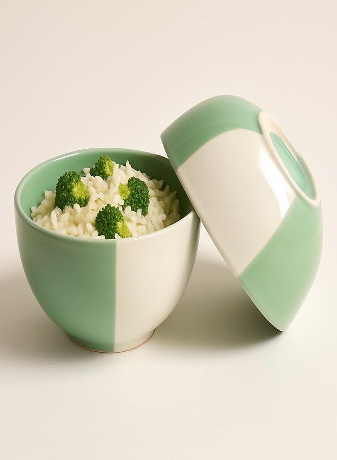 Mirakii Green and White Ceramic Bowl 500 ml Set of 2, Microwave & Dishwasher Safe for Cereal, Snacks, Servings and Baking - Image 4