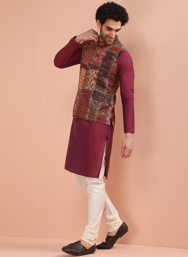 KISAH Men Regular Printed Kurta Nehru Jacket with Churidar Set - Image 2