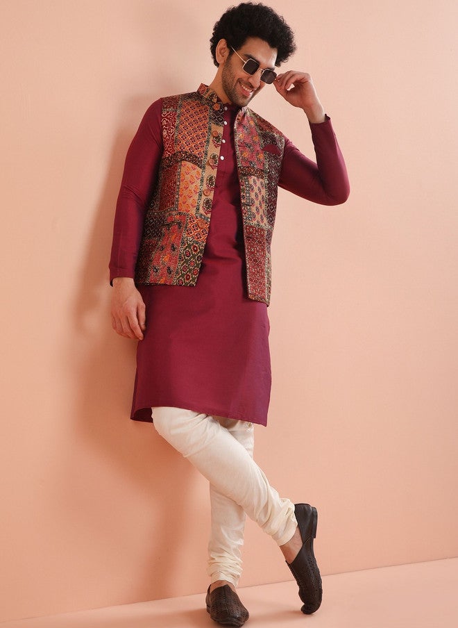 KISAH Men Regular Printed Kurta Nehru Jacket with Churidar Set - Image 1
