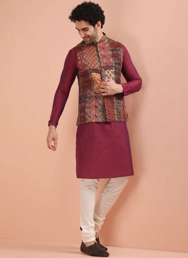 KISAH Men Regular Printed Kurta Nehru Jacket with Churidar Set - Image 3