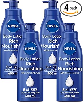 Nivea لوشن الجسم المغذي الغني من نيفيا 400 مل مرطب نيفيا للبشرة الجافة مصنوع من سيروم الترطيب العميق وزيت اللوز الطبيعي وفيتامين E لبشرة ناعمة عبوة لوشن الجسم من نيفيا 4 قطع - Image 1