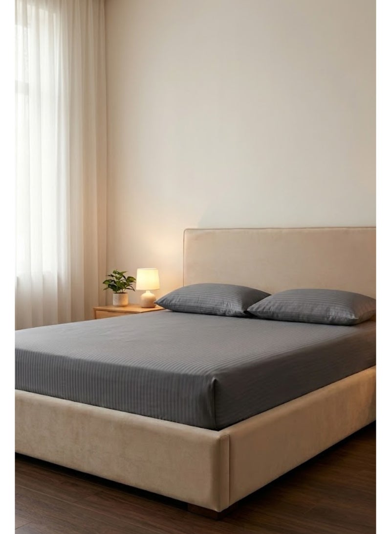 My Cotton 3-Piece Microfiber  Super King Fitted Sheet Set – Dark Gray  Striped 200 x 200 cm with Full Elastic & 2 Pillowcases - Image 1