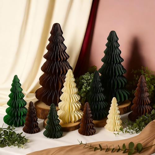 Fullhawl 10 Pcs Paper Christmas Trees Neutral Honeycomb Christmas Trees 46 710 Inch 3D Honeycomb Xmas Paper Cozy Table Ornament for XmasBeige Brown Dark Brown Light Green Green - Image 1