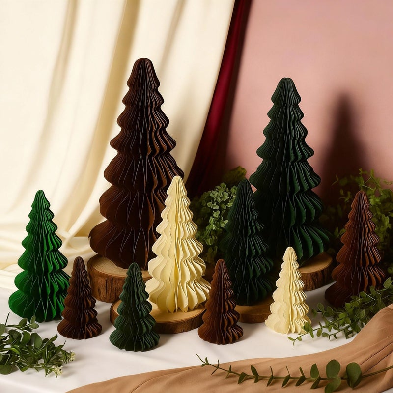 Fullhawl 10 Pcs Paper Christmas Trees Neutral Honeycomb Christmas Trees 46 710 Inch 3D Honeycomb Xmas Paper Cozy Table Ornament for XmasBeige Brown Dark Brown Light Green Green - Image 2