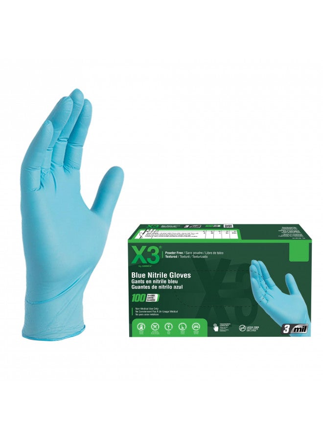 Ammex X3 Industrial Blue Nitrile Gloves, Box of 100, 3 Mil, Size X-Large, Latex Free, Powder Free, Textured, Disposable, Non-Sterile, Food Safe, X348100BX - Image 1