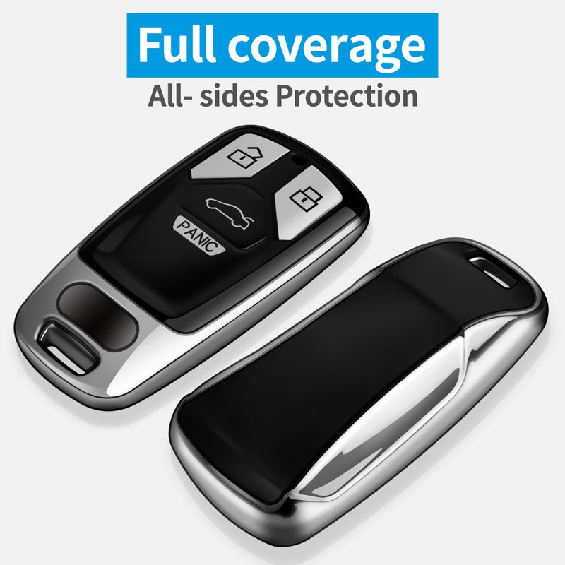 Tukellen for Audi Key Fob Cover with Keychain, Special Soft TPU Key Case Cover Protector Compatible with Audi A4 Q7 Q5 TT A3 A6 SQ5 SQ7 R8 S5 Smart Key(Silver) - Image 2
