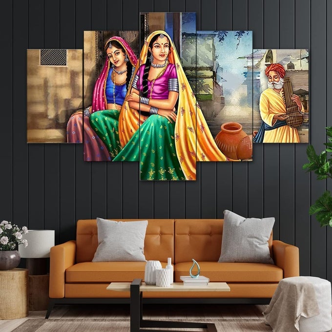 RAJASTHANI LADY PAINTING PAINTINGS FOR WALL DECORATION WALL PAINTING FOR LIVING ROOM DECORATING ITEMS FOR HOME BEST GIFT ITEM TRIBLE ART WALL HANGING SET OF 5125X60 CM L