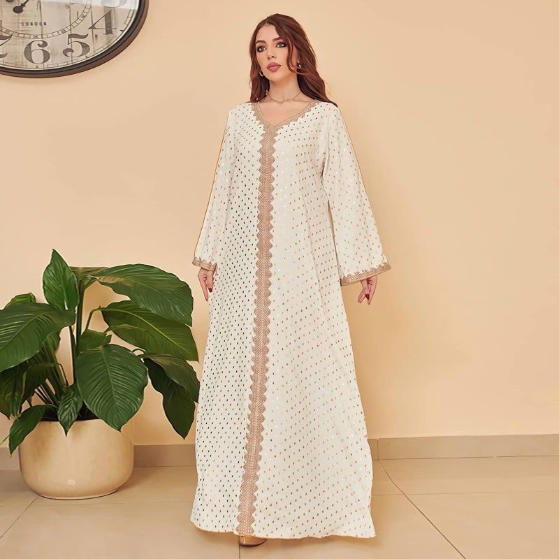 FPOVFPO Womens Muslim Abaya One-Piece V Neck Bronzing Islamic Full Length Kaftan Daily Casual Dress White - Image 3