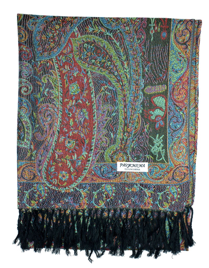 Plum Feathers Pashmina Scarf with Ethnic Tapestry Style Paisley Pattern - 67" x 28" Everyday Pashmina Travel Wrap and Shawl (Black Multi Tapestry) - Image 3