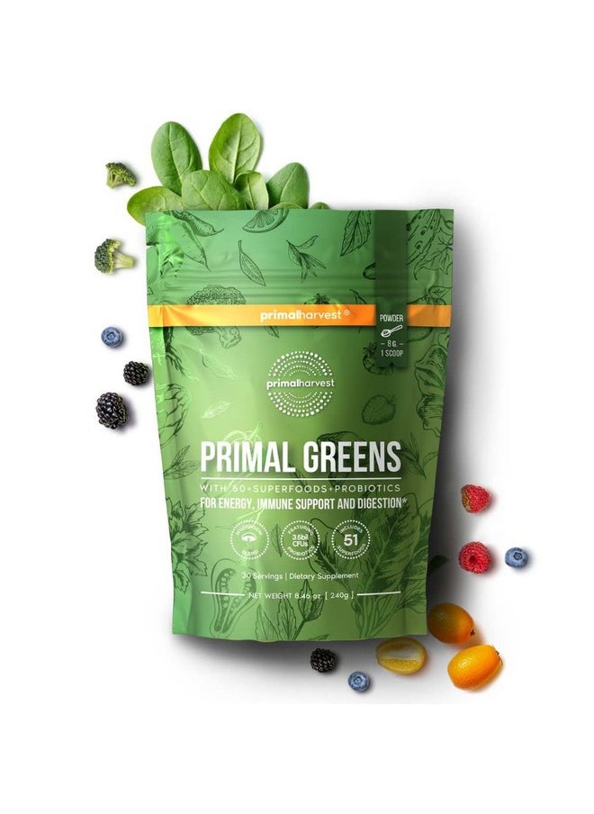 Primal Harvest Super Greens Powder 30 Servings W/+50 Greens Superfood Chlorella Probiotics Green Tea Wheatgrass Kale Turmeric For Energyprimal Greens  - Image 3