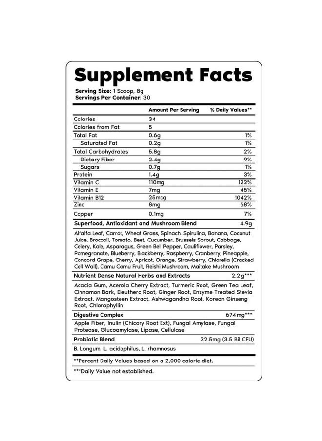 Primal Harvest Super Greens Powder 30 Servings W/+50 Greens Superfood Chlorella Probiotics Green Tea Wheatgrass Kale Turmeric For Energyprimal Greens  - Image 4