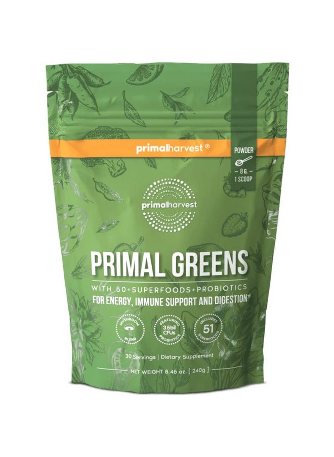 Primal Harvest Super Greens Powder 30 Servings W/+50 Greens Superfood Chlorella Probiotics Green Tea Wheatgrass Kale Turmeric For Energyprimal Greens  - Image 2