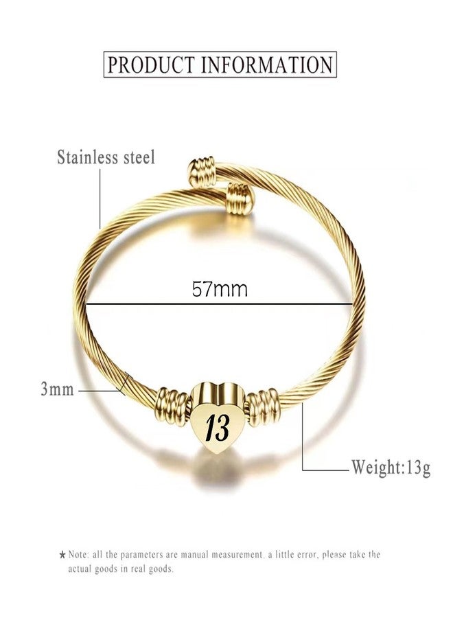 KunBead 13th Birthday Love Heart Gold Tone Expandable Bracelets for Women Lucky Number Age Bangle Cuff Stainless Steel Bracelet - Image 4