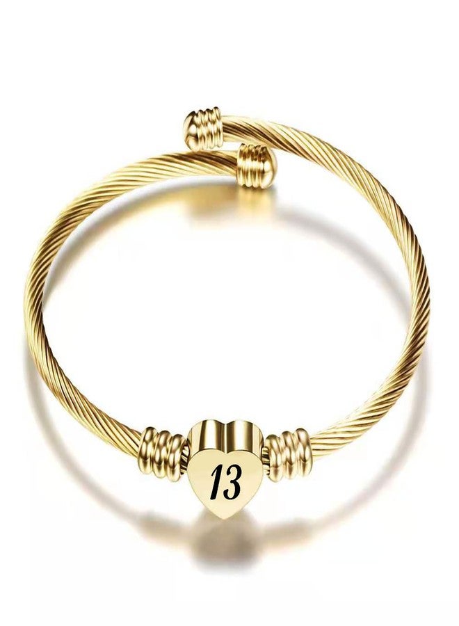 KunBead 13th Birthday Love Heart Gold Tone Expandable Bracelets for Women Lucky Number Age Bangle Cuff Stainless Steel Bracelet - Image 1