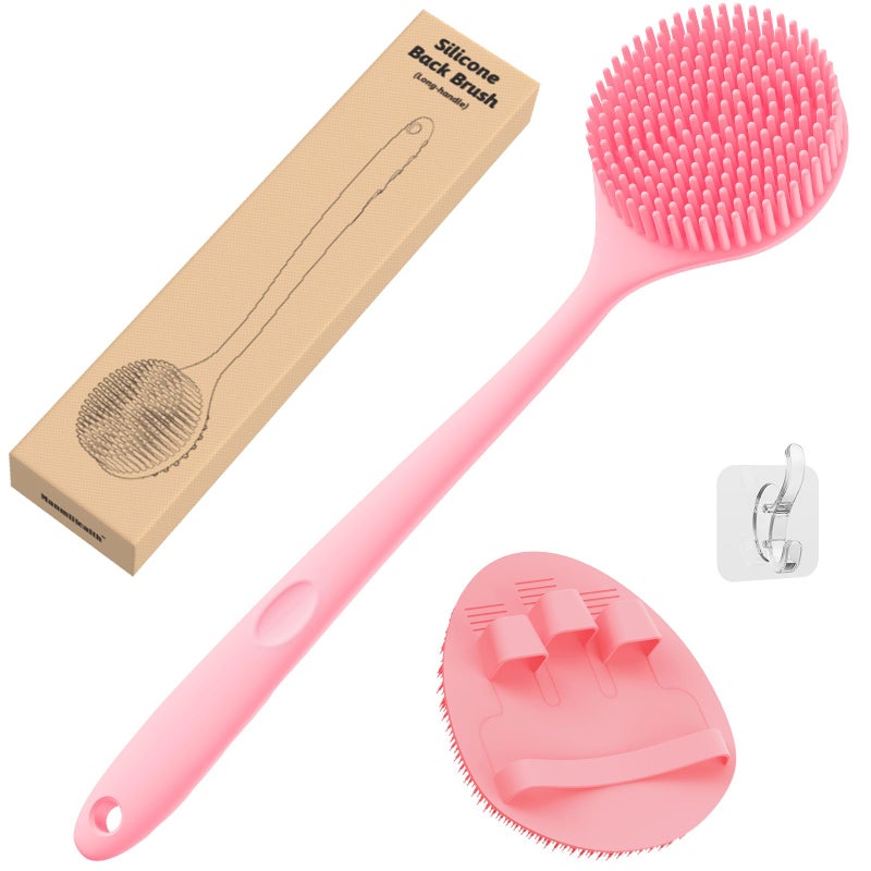 Manmihealth Silicone Back Scrubber(Thick Bristles) & Soft Bath Glove Set, Super-Exfoliating Body Scrubber & Super-Lathering Shower Brush Combination, with a Free Hook.(Pink) - Image 1