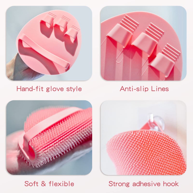 Manmihealth Silicone Back Scrubber(Thick Bristles) & Soft Bath Glove Set, Super-Exfoliating Body Scrubber & Super-Lathering Shower Brush Combination, with a Free Hook.(Pink) - Image 5