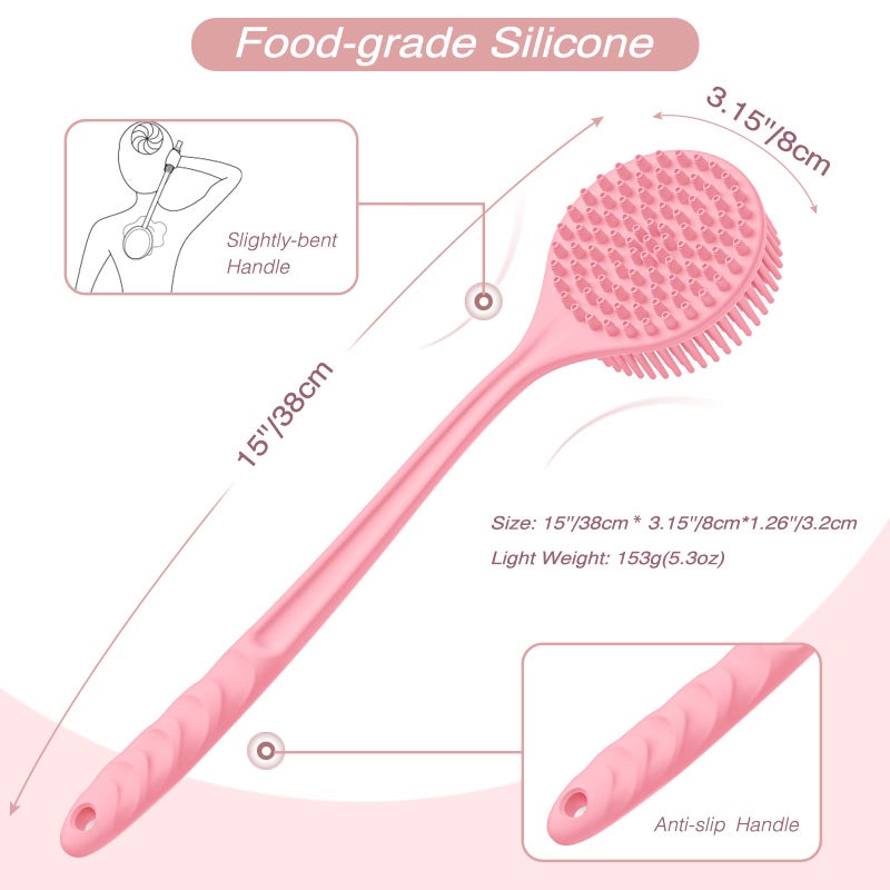 Manmihealth Silicone Back Scrubber(Thick Bristles) & Soft Bath Glove Set, Super-Exfoliating Body Scrubber & Super-Lathering Shower Brush Combination, with a Free Hook.(Pink) - Image 2