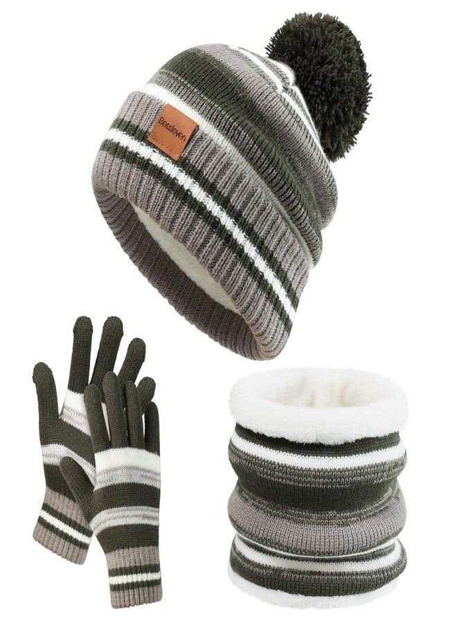 BESSTEVEN Kids Winter Hat Gloves Scarf Set Child Beanie Neck Warmer Glove with Thick Warm Fleece Lining for 6-10 Years Old Girls Boys Children - Green - Image 1
