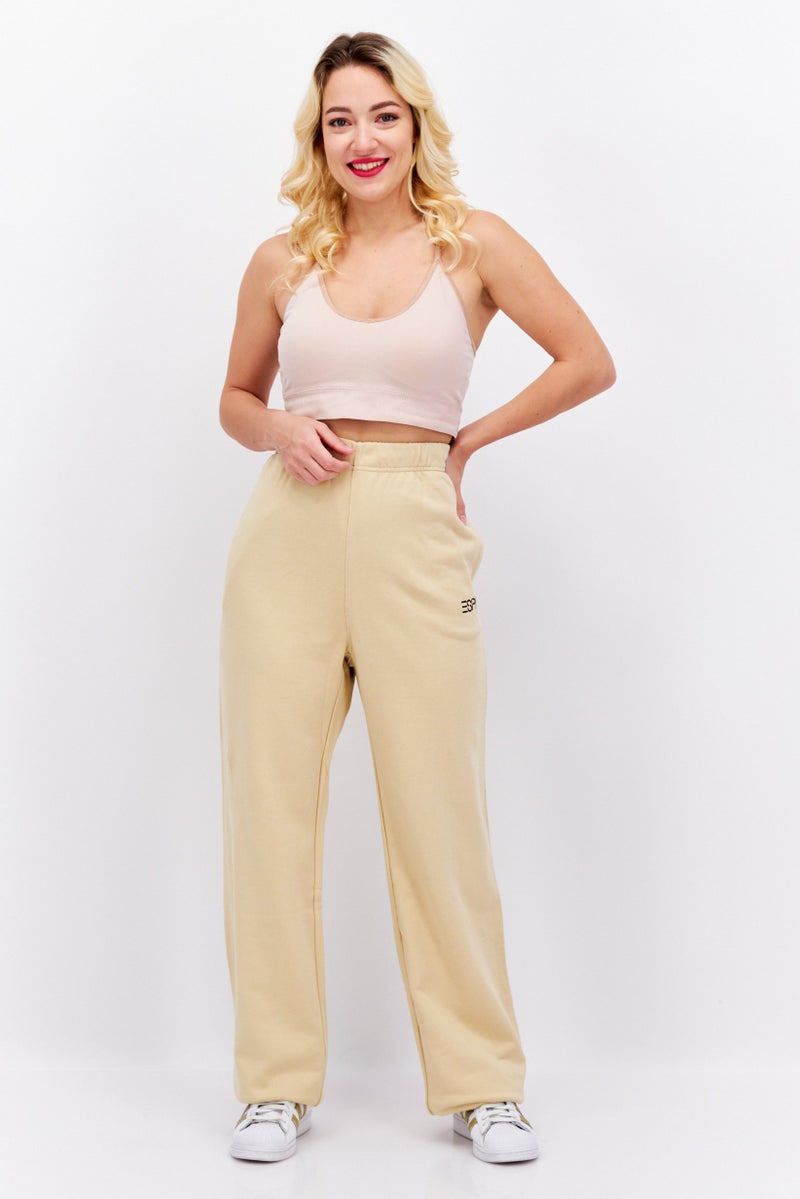 ESPRIT Women Regular Fit Embroidered Logo Sweatpants, Beige - Image 3