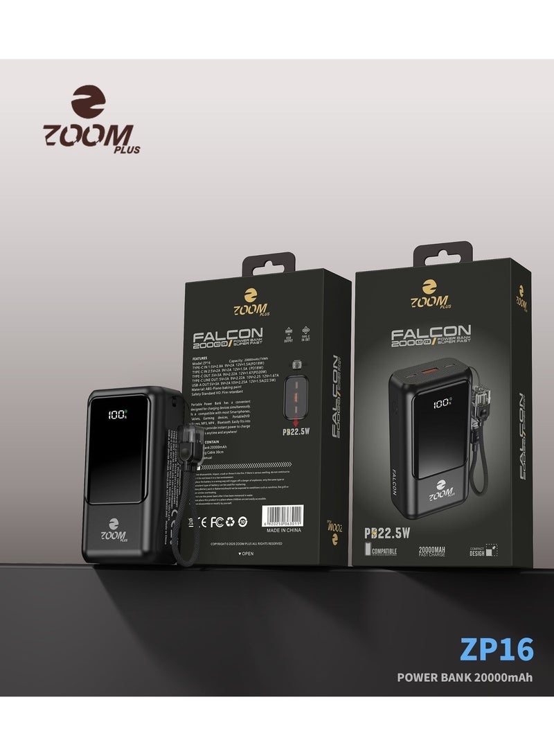Zoom Plus FALCON ZP16 Power Bank 20000mAh | 22.5W Fast Charging | LED Digital Display | Dual Output | PD & QC Fast Charge | Portable High-Capacity Power Bank - Image 4