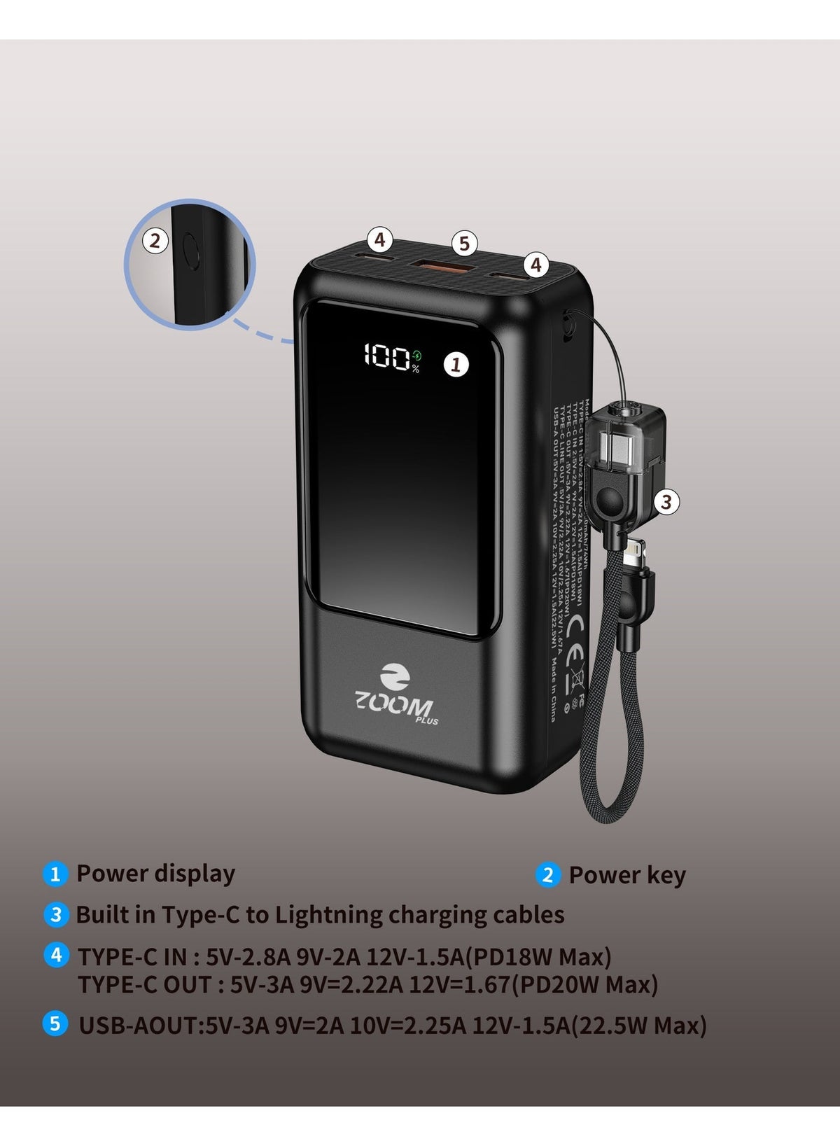 zoomplus Zoomplus ZP16 Power Bank 22.5W 20000mAh ZAE17965C9CD8668E058BZ