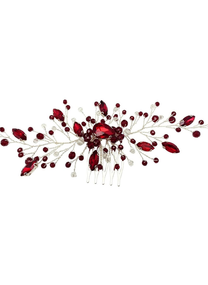 BETITETO - Bridal Wedding Hair Comb Wine Red Crystal Sliver Hair Vine Piece Accessories for Women Girls Party Banquet (Wine Red) - Image 1