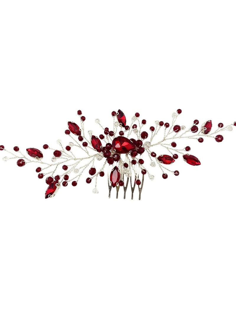 BETITETO - Bridal Wedding Hair Comb Wine Red Crystal Sliver Hair Vine Piece Accessories for Women Girls Party Banquet (Wine Red) - Image 1