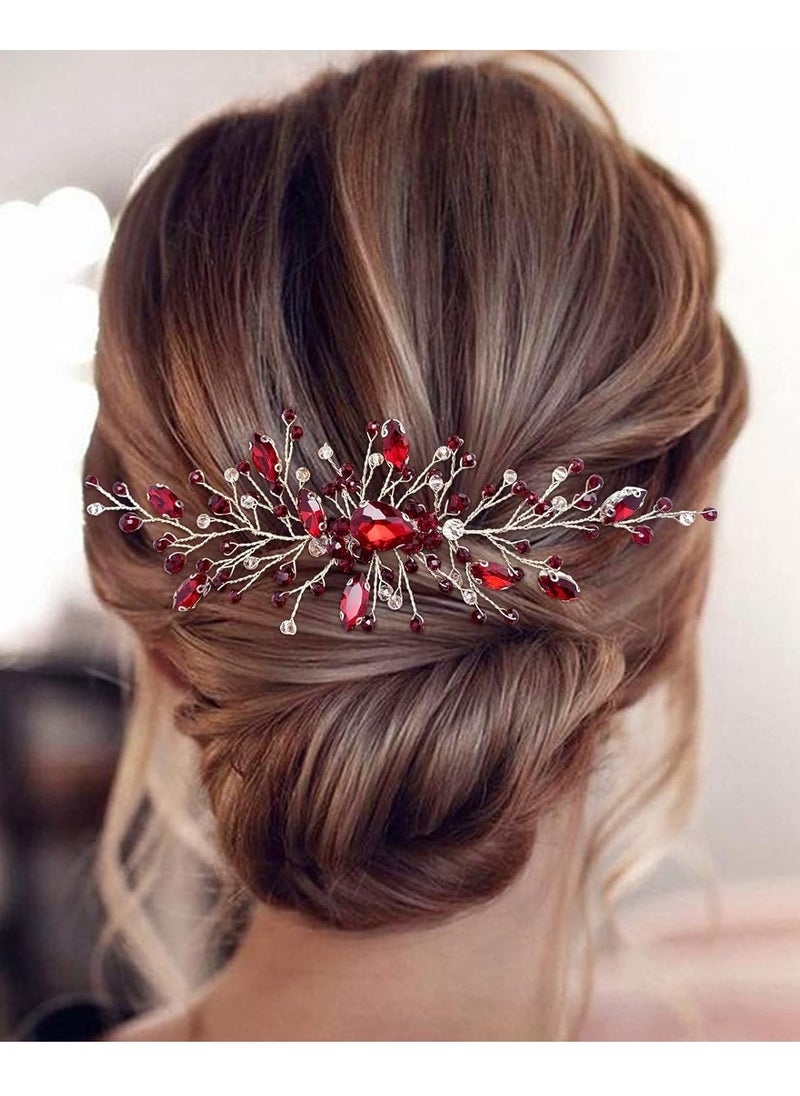 BETITETO - Bridal Wedding Hair Comb Wine Red Crystal Sliver Hair Vine Piece Accessories for Women Girls Party Banquet (Wine Red) - Image 1