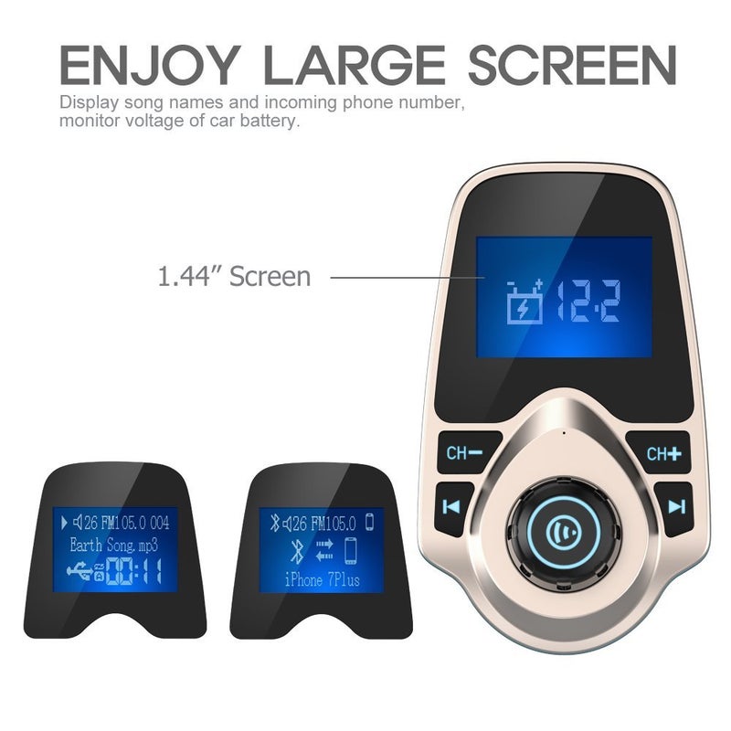 Nulaxy Bluetooth Car FM Transmitter Audio Adapter Receiver Wireless Handsfree Voltmeter Car Kit TF Card AUX 1.44 Display - KM18 Golden - Image 3