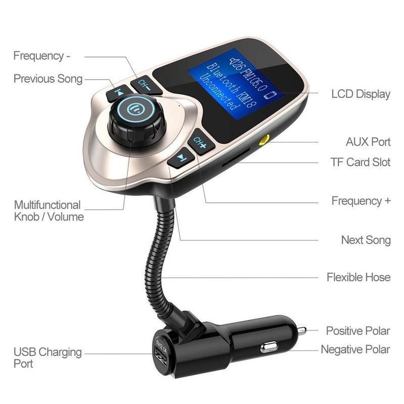 Nulaxy Bluetooth Car FM Transmitter Audio Adapter Receiver Wireless Handsfree Voltmeter Car Kit TF Card AUX 1.44 Display - KM18 Golden - Image 4