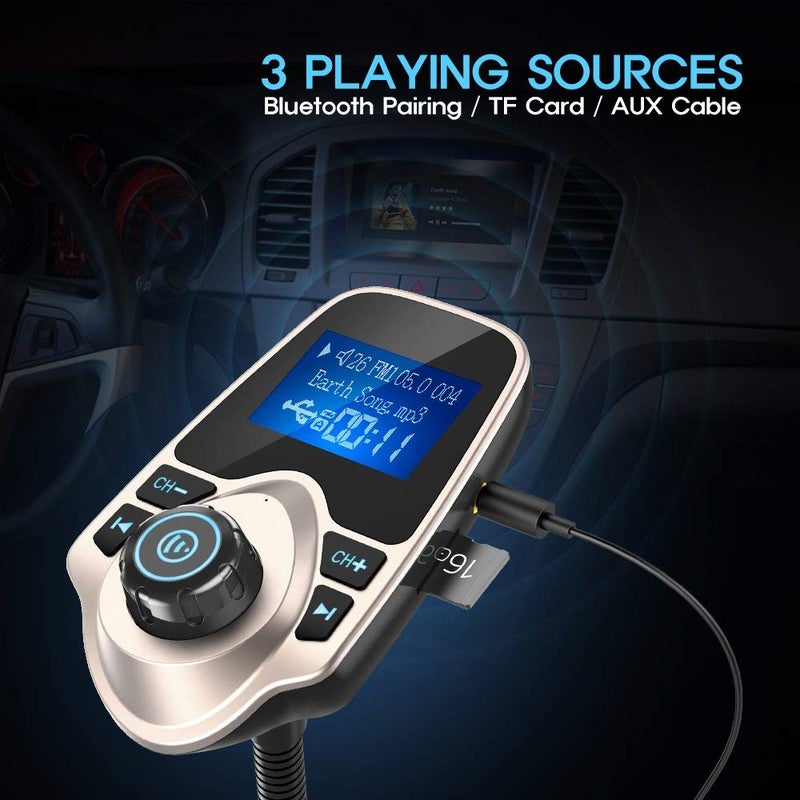 Nulaxy Bluetooth Car FM Transmitter Audio Adapter Receiver Wireless Handsfree Voltmeter Car Kit TF Card AUX 1.44 Display - KM18 Golden - Image 5
