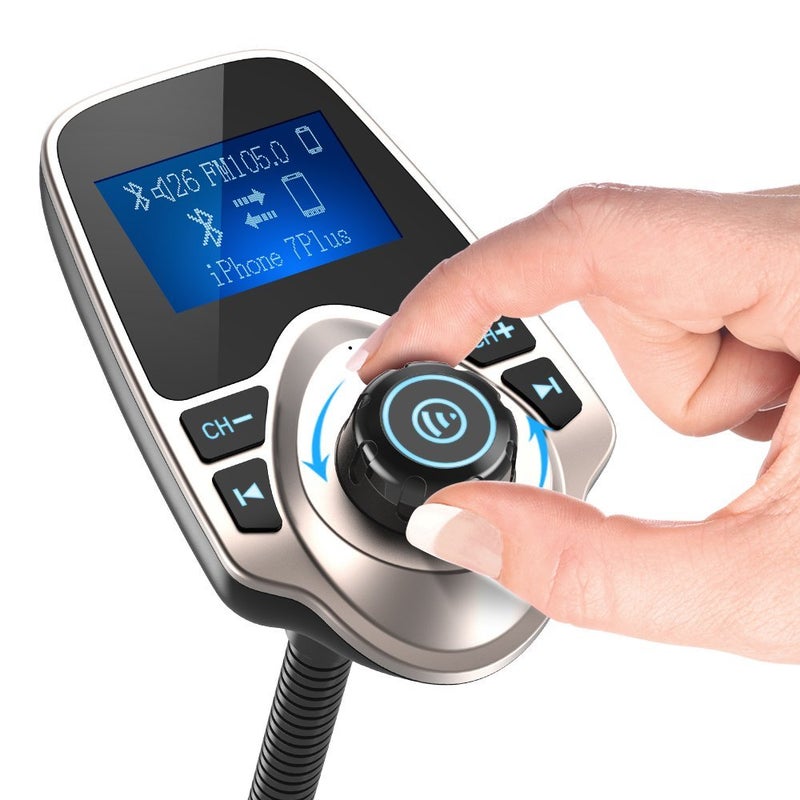 Nulaxy Bluetooth Car FM Transmitter Audio Adapter Receiver Wireless Handsfree Voltmeter Car Kit TF Card AUX 1.44 Display - KM18 Golden - Image 2