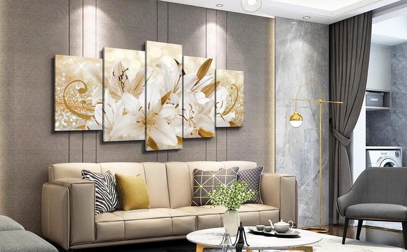 LUDUHU Golden Orchid Flowers Canvas Print - Abstract Floral Wall Art Painting Decor for Home Decoration, Contemporary White Floral Artwork Picture Bedroom Wall Art Decor (E, Oversize 40x20inch) - Image 3