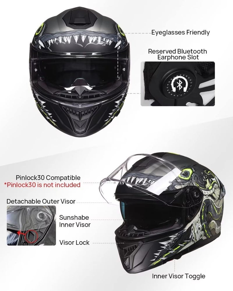 ILM خوذات دراجة نارية كاملة الوجه مع واقي مزدوج مع جناح خلفي متوافق مع Pinlock طراز 861A (أخضر عميق البحر، M) - Image 5