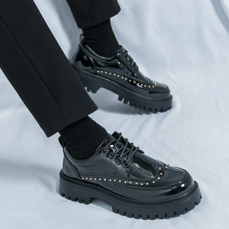 Fashion Men's Lace Up Oxfords with Studs, Thick Sole, Height Increasing, Black and White - Image 4