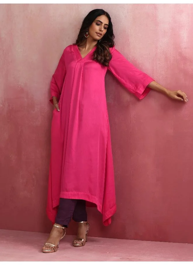 ترو برونز trueBrowns Pink Modal Boxpleat Kurta Set