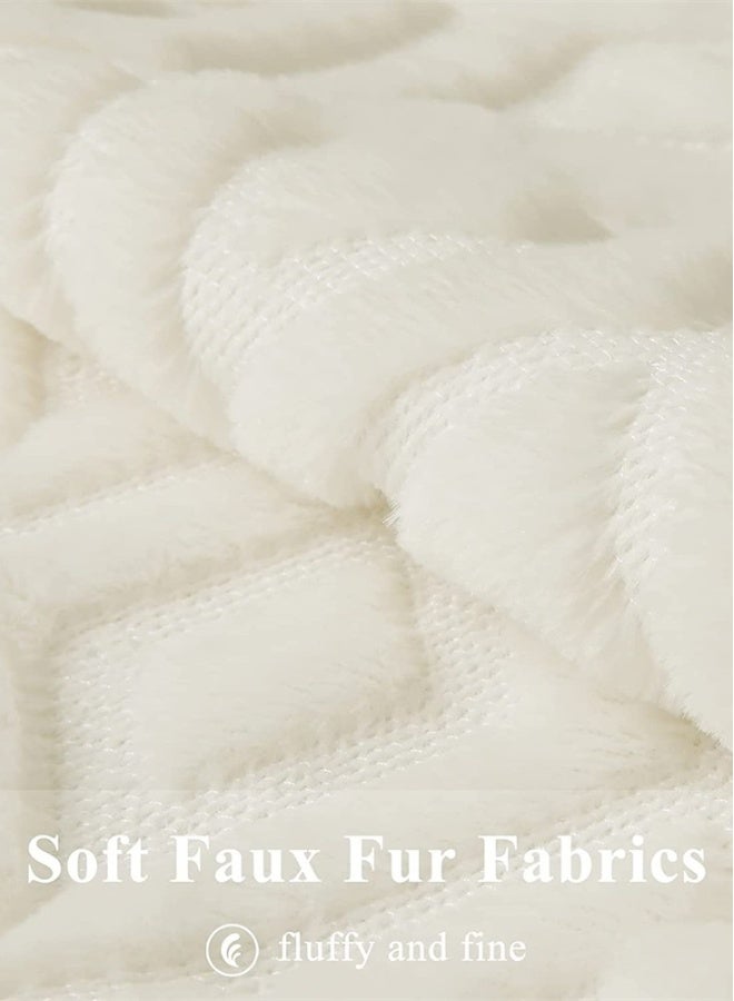 Soft Faux Fur Throw Pillow Covers, 16 x 16 Inch Plush Short Wool Velvet Decorative Pillow Covers, Couch Sofa Pillow Covers for Living Room with 3D Diamond Pattern (Set of 2, Cream White)  - Image 3