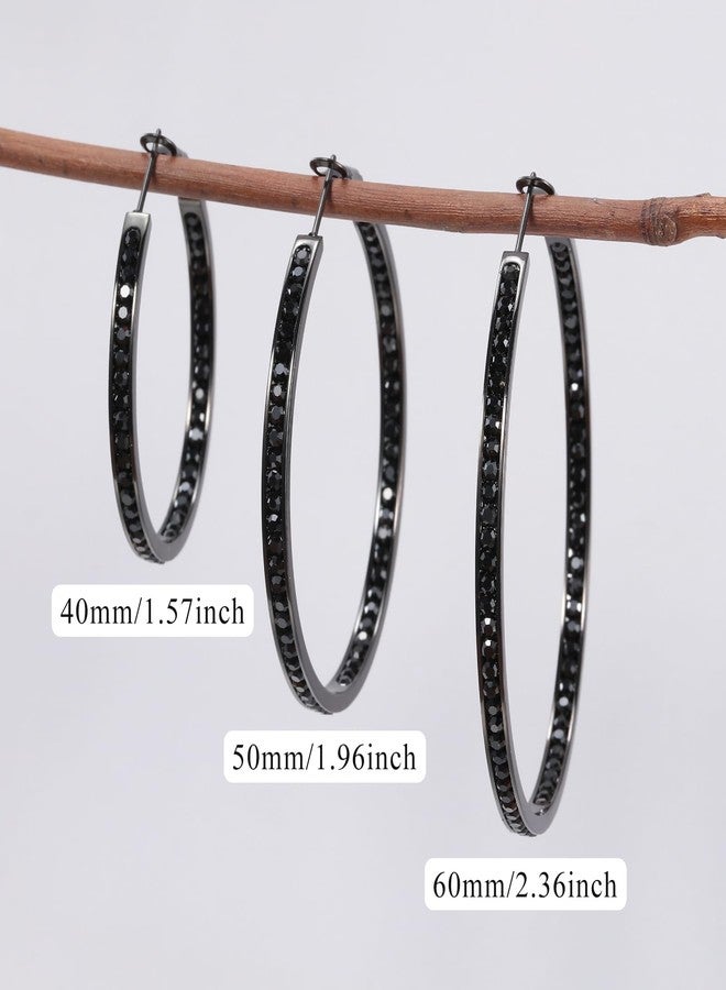 CiNily Black Hoop Earrings for Women Hypoallergenic, Stainless Steel Big Hoop Earring Black Rhinestone Hoops Small Hoop Earrings Jewelry Gift 40 MM - Image 3